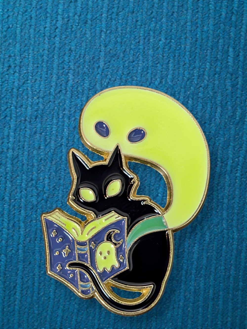 Black Cat Enamel Pin with Neon Green Ghost Accent
